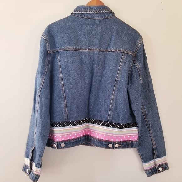 Vintage 90's Denim Jacket With Colourful Ribbon Details Size Medium Cotton - Picture 8 of 8